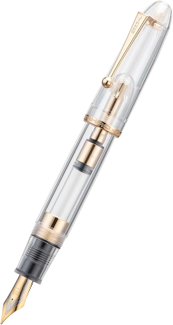 Jinhao 9019 DaDao Series Fountain Pen, Size 8 Fine Nib with Refillable Large Ink Converter, Transparent Clear Acrylic Design Smooth Writing Pen (Gold Trim)