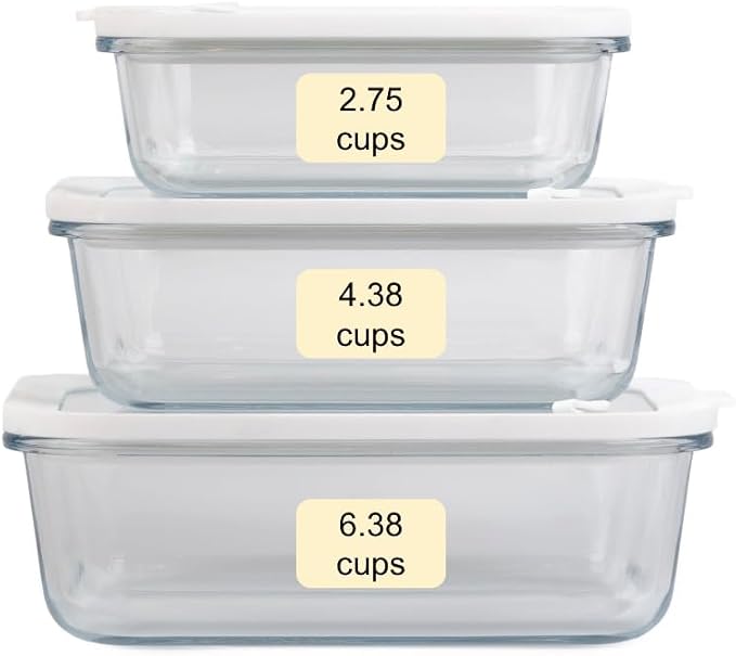 Sio GLASS storage containers with GLASS lids, NO PLASTIC, Set of 3, Airtight Small Medium Large for Food Meal Prep, Silcone Bowl Container (White)