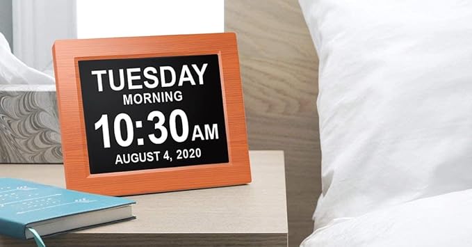 Digital Calendar Date Multi Alarm Clock 8 inch Large Display Auto-Dimming Electic Desk Table Wall Mount Office, Home, Kitchen, Room, School, Bedroom, Living Room (Brown)