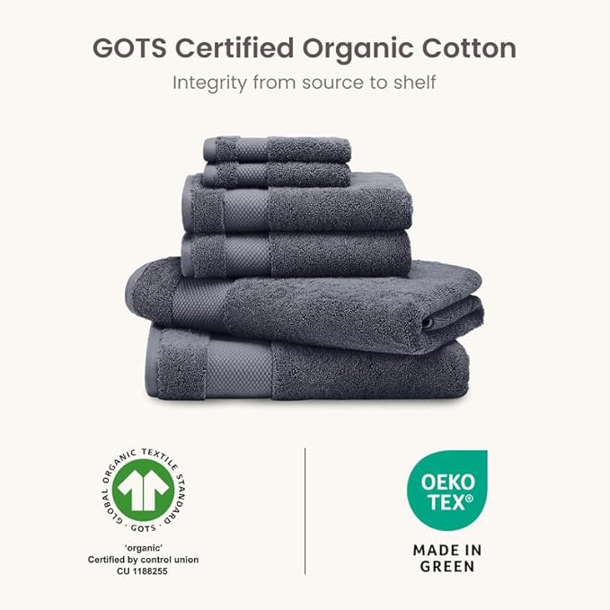 BIOWEAVES 100% Organic Cotton 700 GSM Plush 6-Piece Towel Set GOTS Certified, 2 Bath Towels, 2 Hand Towels & 2 Washcloths - Charcoal