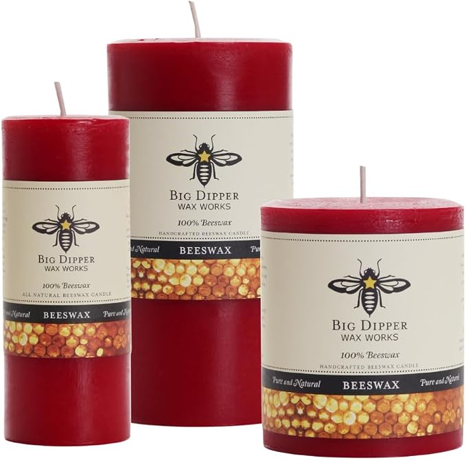 Big Dipper Wax Works Red Pillar Candle, 40-Hour Long Burn, Pure Beeswax Candle, 2" x 4.75”