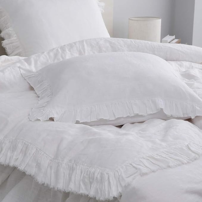 Simple&Opulence 100% Linen Euro Sham Covers with Ruffle, 2Pcs Pillow Covers 26x26 Inches, Euro Pillow Shams for Bed Couch French Home Decor Luxury and Breathable Square Pillow Cases, White
