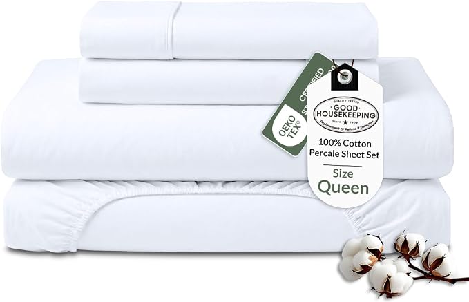 ROYALE LINENS 100% Organic Cotton Queen Sheet Set - Percale Weave - 4 Pieces Set - 1 Flat, 1 Deep Pocket Fitted Sheet and 2 Pillowcases - White Bed Sheets - Sábanas Queen - Crisp Cool (White)