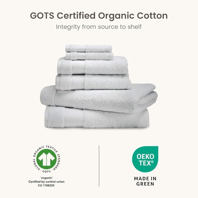 BIOWEAVES 100% Organic Cotton 6-Piece Luxury Bathroom Towels Set GOTS Certified 700 GSM, 2 Bath Towels, 2 Hand Towels & 2 Wash Cloths - Silver
