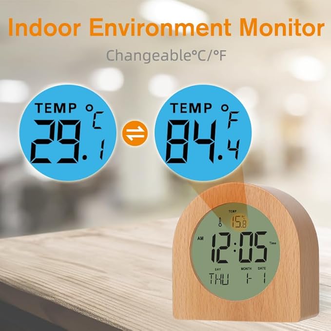 Wooden Alarm Clock for bedrooms，Battery Operated with Snooze Function and Backlight,LCD time,Date,Temperature Display, C/F Switch,12/24hour,Round Simple Design,eco-Friendly