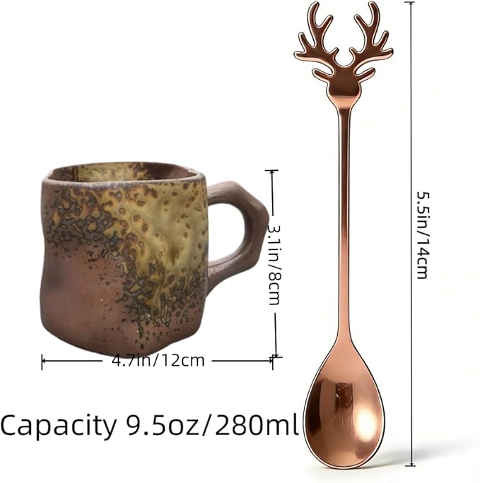 Vintage Ceramic Coffee Mug (with Handle), Handcrafted Lead-Free Ceramic Artistic Latte Cappuccino Espresso Tassee with Coffee Spoon, Coffee Mug, Tea Cup, Milk Tea Cup, 9.5oz