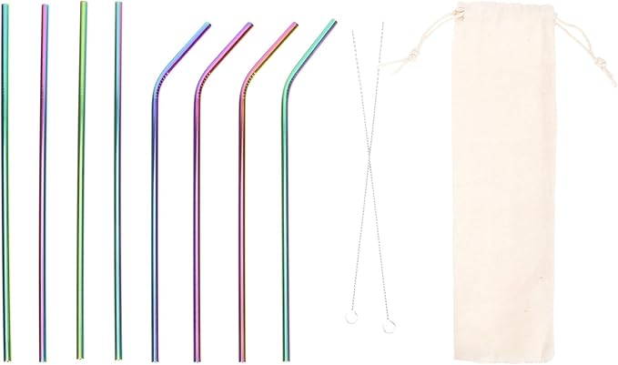 Zerodeko Reusable Stainless Steel Straws Set 11pcs Colorful 304 Metal Drinking Straws with Cleaning Brush and Carrying Pouch for Juice and Beverage Use