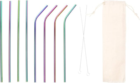 Zerodeko Reusable Stainless Steel Straws Set 11pcs Colorful 304 Metal Drinking Straws with Cleaning Brush and Carrying Pouch for Juice and Beverage Use