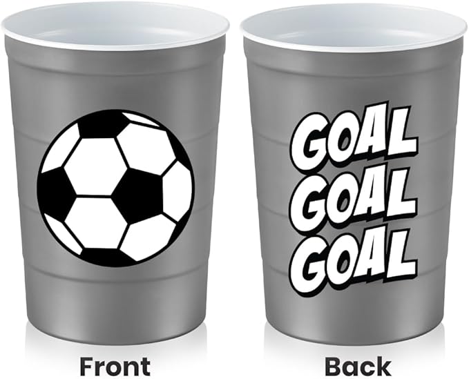 Steel Chill Cups 16 oz. Party Cup Soccer Design for Cold Drinks, Durable, Disposable, Recyclable, Made in USA, Gray, 12 Count