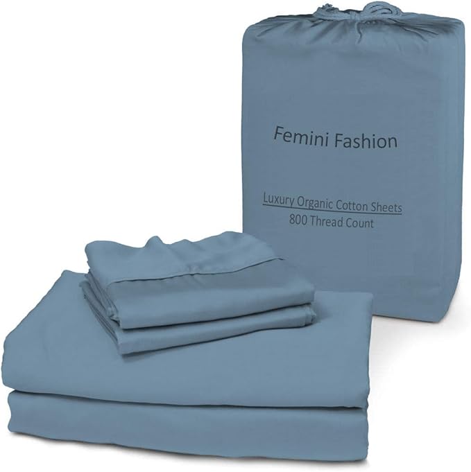 100% Organic Cotton Bed Sheets 800-Thread-Count, 16-Inch Deep-Pocket, Luxury Breathable Crisp 4-Piece Bed Sheet Set (1 Flat Sheet, 1 Fitted Sheet, 2 Pillowcases) - Twin, Mediterranean Blue
