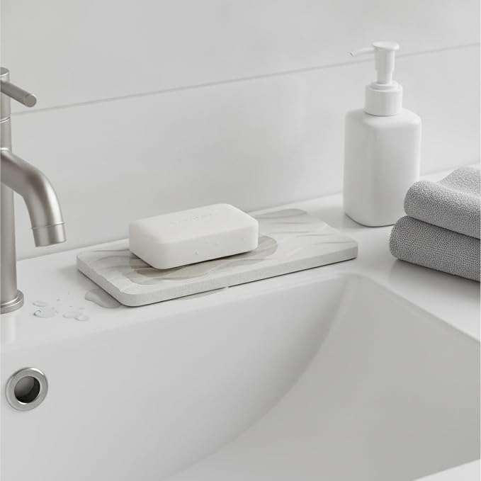 Diatomaceous Earth Soap Dish, Rectangular Stone Bar Soap Holder for Bathroom Sink & Shower, Absorbent Tray (8.7 x 3.5 Inch)