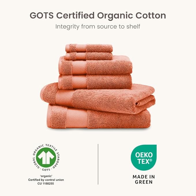 BIOWEAVES 100% Organic Cotton 700 GSM Plush 6-Piece Premium Towel Set GOTS Certified, 2 Bath Towels, 2 Hand Towels & 2 Washcloths - Burnt Orange