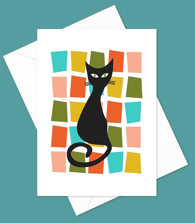 Mid Century Modern Cats Greeting Cards - Set of 10 All Occasion 5x7 Note Cards with Envelopes. Blank Inside. Assorted Modern Abstract Mid-Century Designs.