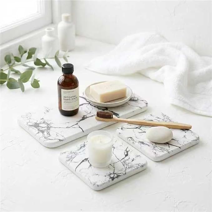 Water Absorbing Stone Tray for Sink, 3PCS Fast Drying Diatomaceous Earth Set - 1 Soap Tray & 2 Coasters for Bathroom Counter, Kitchen, Natural Stone Drying Mat (Marble White)