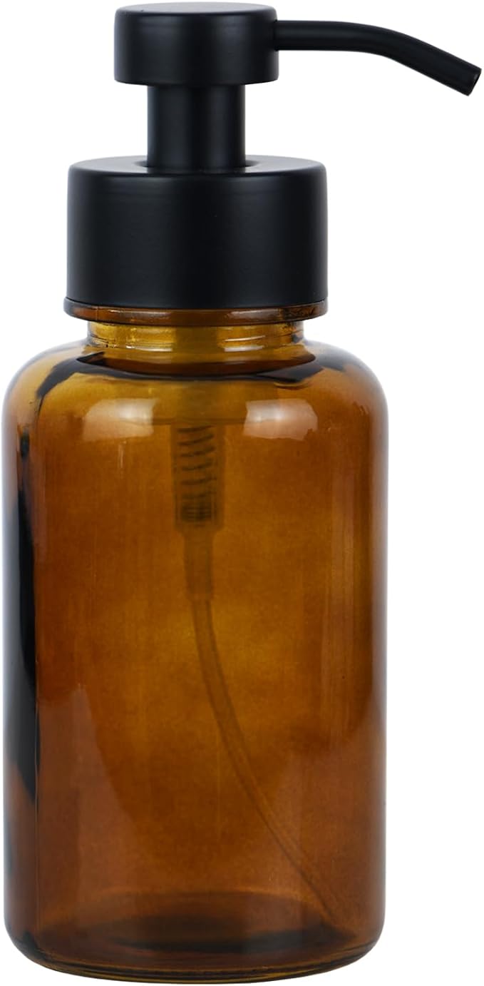 15 oz Amber-Tinted Thick Glass Foaming Soap Dispenser, Refillable Foaming Soap Dispenser with Black Rust-Proof Foam Pump, Suitable for Bathrooms and Kitchens (1, Amber)