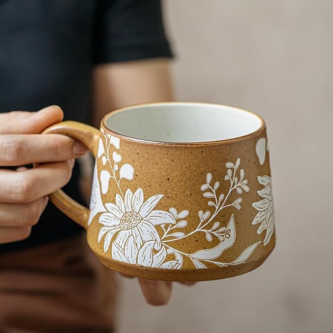 16OZ Ceramic Coffee Latte Mug, Cute Cup for Women, Ideal for Green Tea or Coffee,Hand Painted Floral Design Pottery Mug(Asagao)