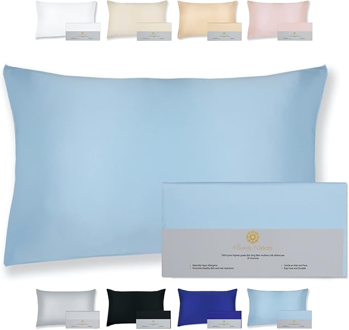 25 Momme Premium Mulberry Silk Pillowcase for Hair and Skin | Handcrafted Hypoallergenic & Anti-Acne Silk Pillow Cases with Zipper | Standard - 20" x 26", Frosty Blue
