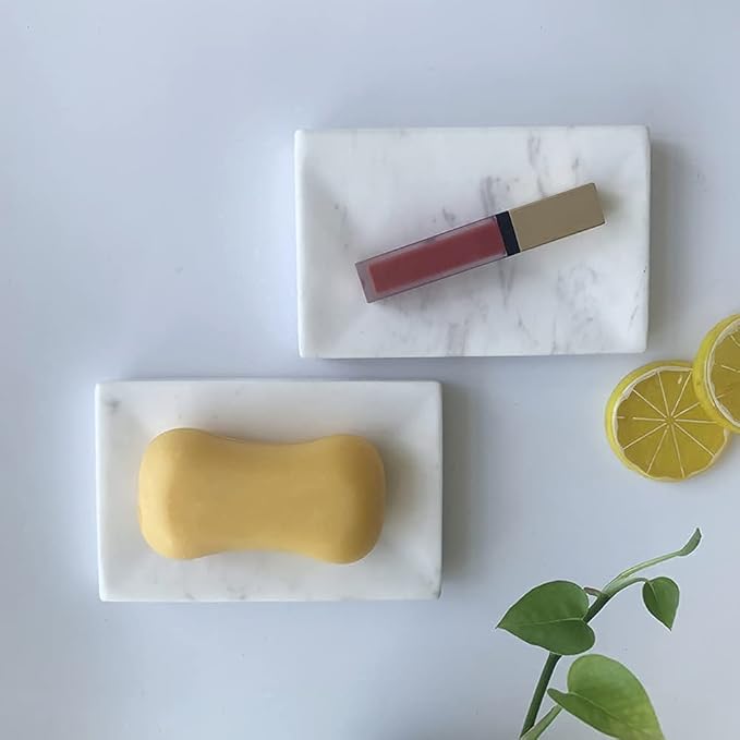 Natural Smooth Real Marble Soap Dish/Facial Sponge Holder/Bathroom Makeup Sponge Tray with Draining Hole (Volakas White)