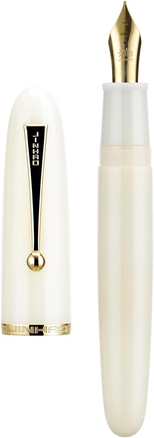 Jinhao 9019 DaDao Series Fountain Pen, Size 8 Fine Heartbeat Nib with Large Ink Converter, Ivory White Acrylic Design Smooth Writing Pen (Gold Trim)