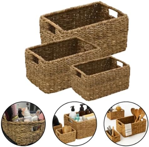 3 Pack Natural Seagrass Woven Storage Baskets Woven Rectangular Organizer Set With Handles Decorative Wicker Bins For Shelves Bathroom Bedroom Living Room Home Decor Rustic Beige