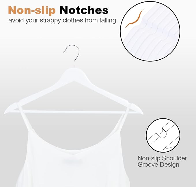 Wooden Hangers 30 Pack, Wood Hangers with Extra Smooth Finish, Precisely Cut Notches & Chrome Swivel Hook, Wooden Clothes Hangers for Shirt Coat Jacket Dress, White