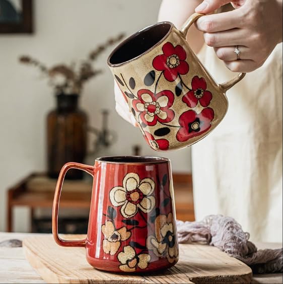 24 OZ, Large Ceramics Coffee Mugs with Handle, Extra Large Tea and Coffee Cup for Office and Home，Microwave and Dishwasher Safe,For Gift and Present(Red)