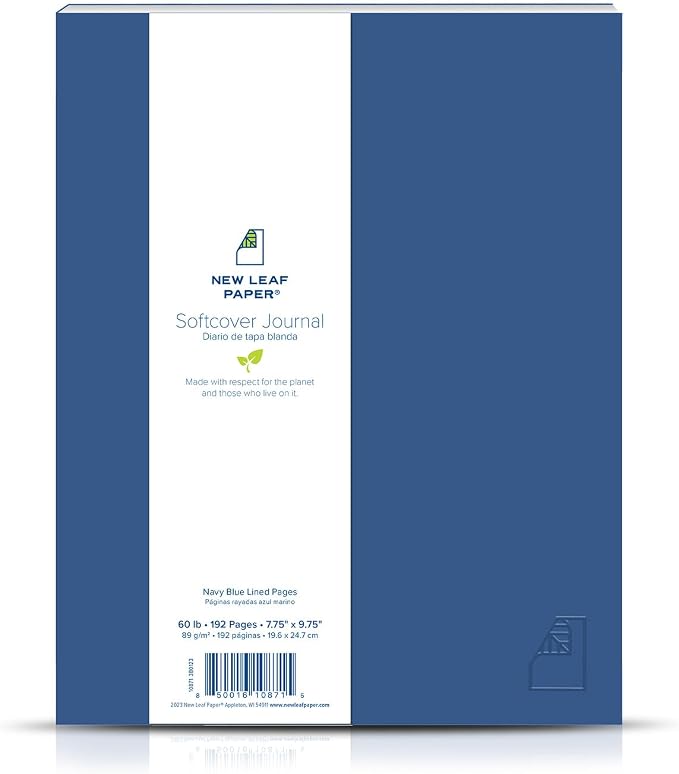 100% Recycled Softcover Lined Journal, Navy Blue, 9.75" x 7.75", 192 Pages, Embossed, Perfect Bound, FSC Certified, Made in USA