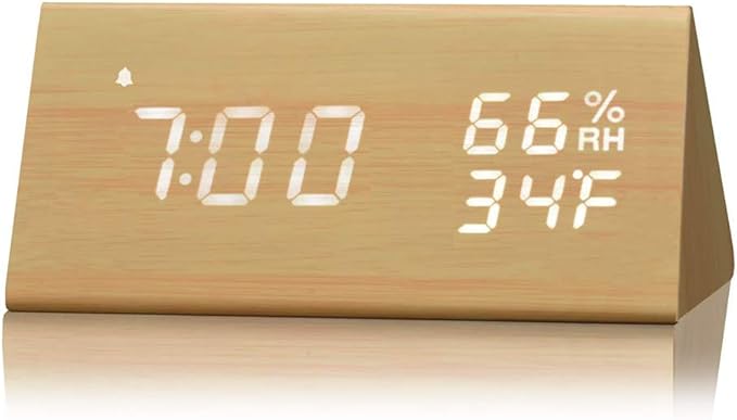 TOPINCN Digital Alarm Clock, Wooden Alarm Clock with Electronic LED Time Display, Humidity & Temperature Detect 3 Alarm Settings 3 Level Brightness Electric Clock for Bedroom