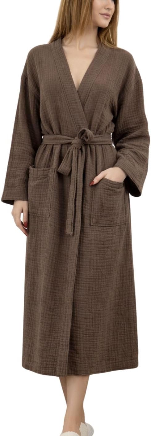 100% Cotton Muslin Kimono Robe for Women, Lightweight Gauze Bathrobe, Soft Breathable Spa Robe