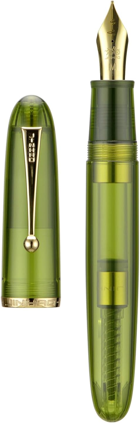 Jinhao 9019 DaDao Series Fountain Pen, Size 8 Fine Cardiogram Nib with Large Ink Converter, Transparent Olive Green Acrylic Design Smooth Writing Pen (Gold Trim)