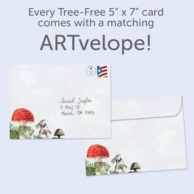 Tree-Free Greetings Magical Wishes Birthday Card - 1 Recycled 5x7 Card & Matching Envelope, Thick Cardstock, Made in USA - Witchy Mushroom Rabbit