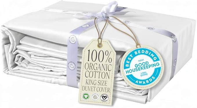 Delilah Home 100% Organic Cotton Duvet Cover, GOTS & Vegan.org Verified, Long Stem 300 TC Sateen Bedding, Non-Synthetic, Deep Pocket Fitted Linen, Lightweight, All-Season, 1 Piece King Size - White