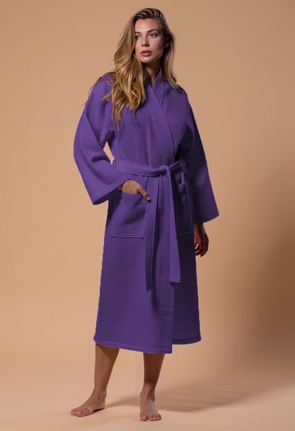Turquaz Lightweight Waffle Knit Kimono Bathrobe - Soft Cotton Blend Spa Robe, Fast-Drying Full-Length Unisex Robes for Women
