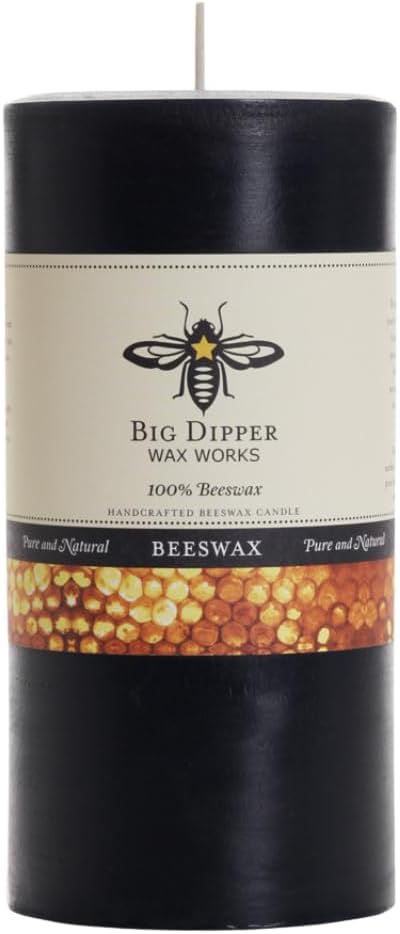 Big Dipper Wax Works Black Pillar Candle, 90-Hour Long Burn, Pure Beeswax Candle, 3" x 6”