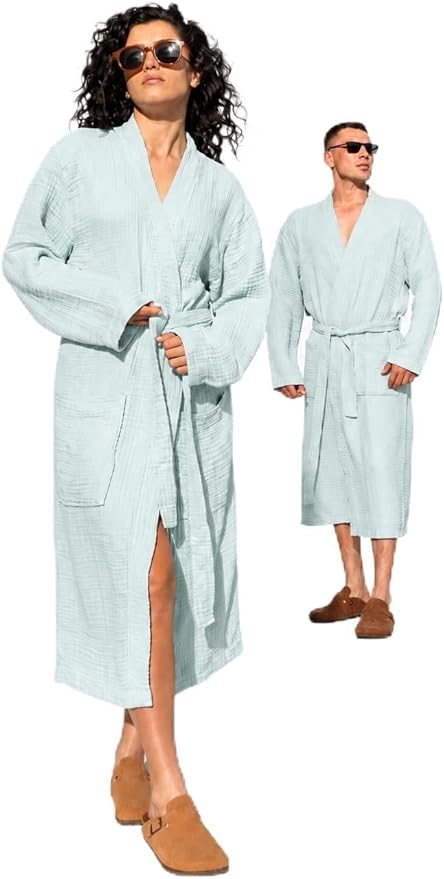 Muslin Unisex Bathrobe Women & Men, 100% Cotton Kimono Lightweight Robe | Long Robes Soft, Absorbent, Spa robes