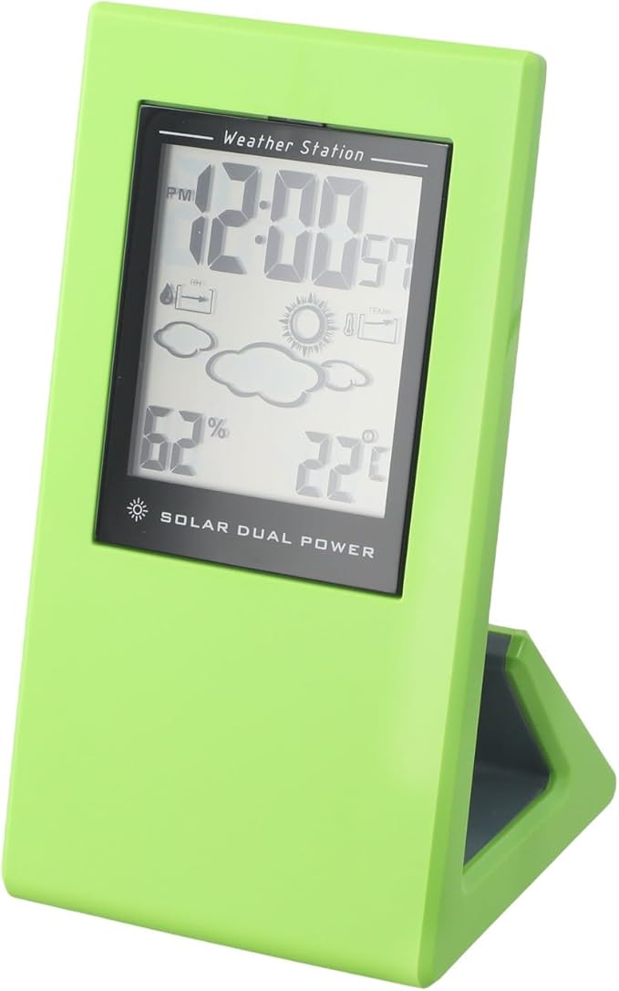 Solar-Powered Weather Station Clock with Temperature and Humidity Display, Compact Indoor/Outdoor Design, Large-Readout LCD, Plastic Housing — for Home, Office, or Porch