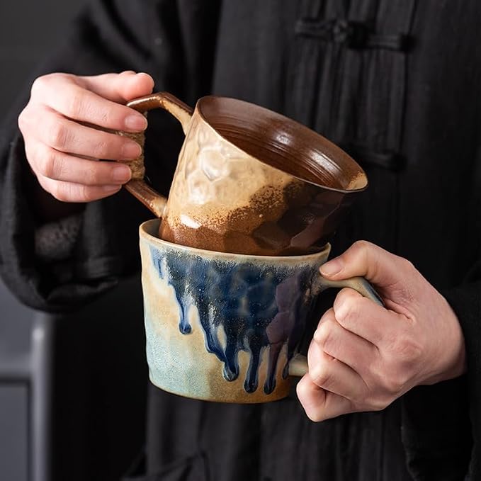 12oz retro Japanese pottery tea cup, handmade tea cup with comfy handle, retro ceramic mug with handle, lead-free reactive glaze, perfect for office & home (Beige)