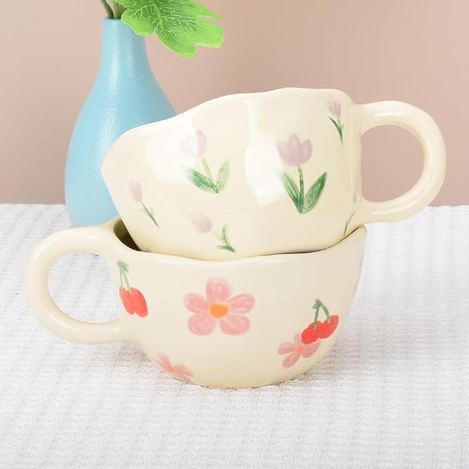 Cute Coffee Mug,Ceramic Tea cup,Kawaii coffee mugs,Handmade Creative Flower Pink mug with Spoon,Aesthetic mugs for milk Cappuccino Cocoa,8.5 oz Cheery Mug Gift for Women Christmas (Purple)