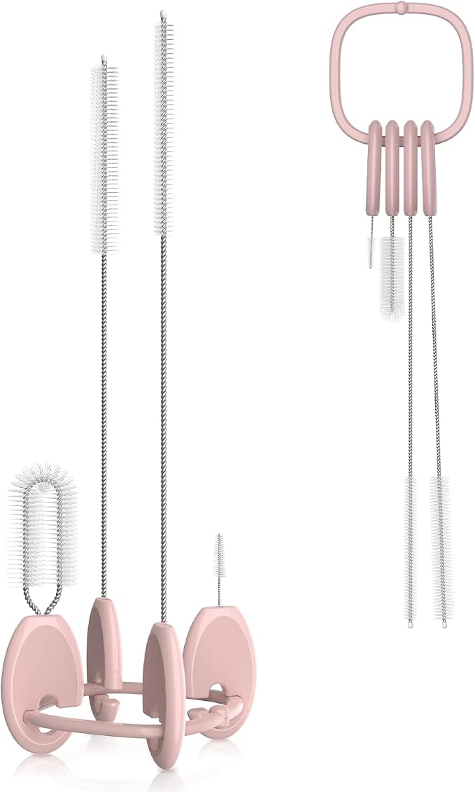 YOTIME 4in1 Straw Cleaner Brush Set, Reusable Standing Straw Brushs with Holder Ring, for Wide and Narrow Straws, Tumblers, Water Bottles and Cups, Pink