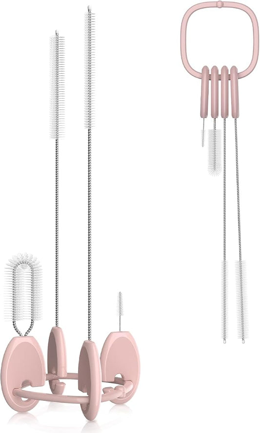 YOTIME 4in1 Straw Cleaner Brush Set, Reusable Standing Straw Brushs with Holder Ring, for Wide and Narrow Straws, Tumblers, Water Bottles and Cups, Pink