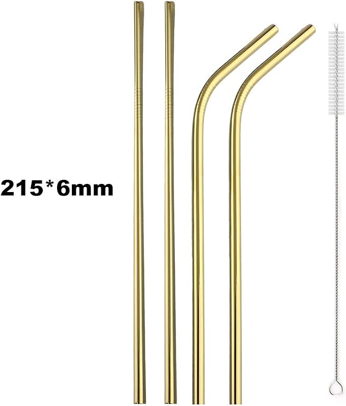 JASHII 2 Set Reusable Portable Metal Straws Stainless Steel Eco-friendly Drinking Straw with Travel Cloth Bag (4 Bent 4 Straight 2 Brush),Gold