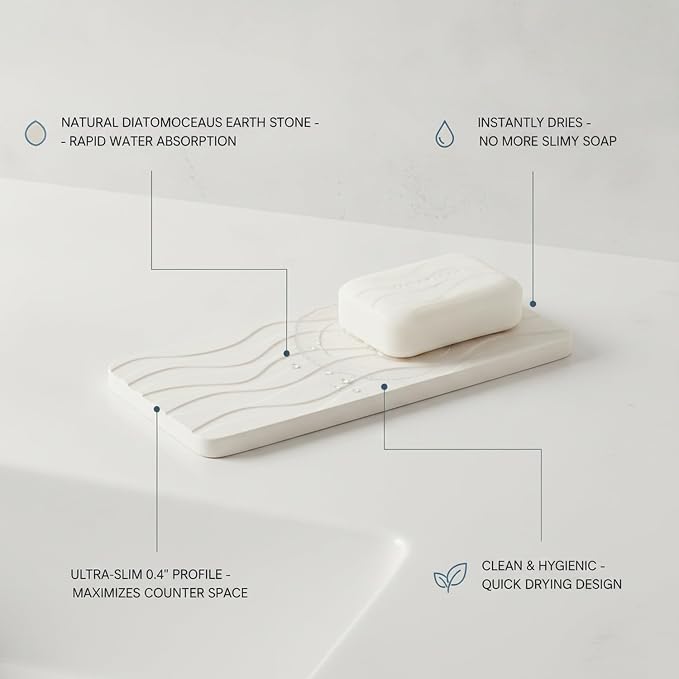 Diatomaceous Earth Soap Dish, Rectangular Stone Bar Soap Holder for Bathroom Sink & Shower, Absorbent Tray (8.7 x 3.5 Inch)
