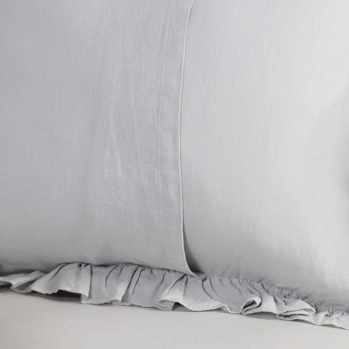 100% French Linen Throw Pillow Covers - Set of 2 - Washed Flax Decorative Ruffled Square Cushion Cover Solid Color Soft Breathable - Grey, 18'' x 18''