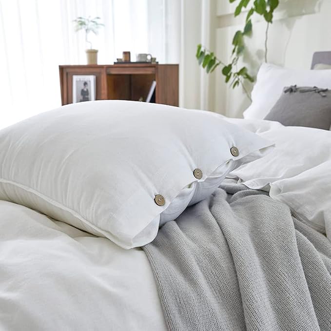 EVERLY 100% Pure Linen Duvet Cover Set Oversized King Size 120X98Inch 3pcs (1 Duvet Cover,2 Pillowcases) Soft and Breathable for All Season with Coconut Button Closure,Suitable for Hot Sleepers-White