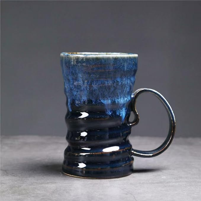 17oz Large Unique Cool Tall Handmade Ceramic Coffee Mug with Comfortable Big handle, Big Pottery Tea Mug, Artisanal Stoneware Coffee cup, Rustic Lead-free Tea Cups, Microwave safe,Black and Blue