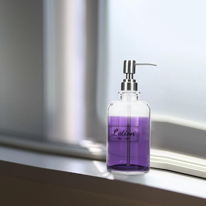 Luxshiny Glass Soap Dispenser 18Oz (500Ml) with 304 Stainless Steel Pump and Label Sticker, Manual Hand Soap Dispenser Set for Kitchen and Bathroom Countertop Use