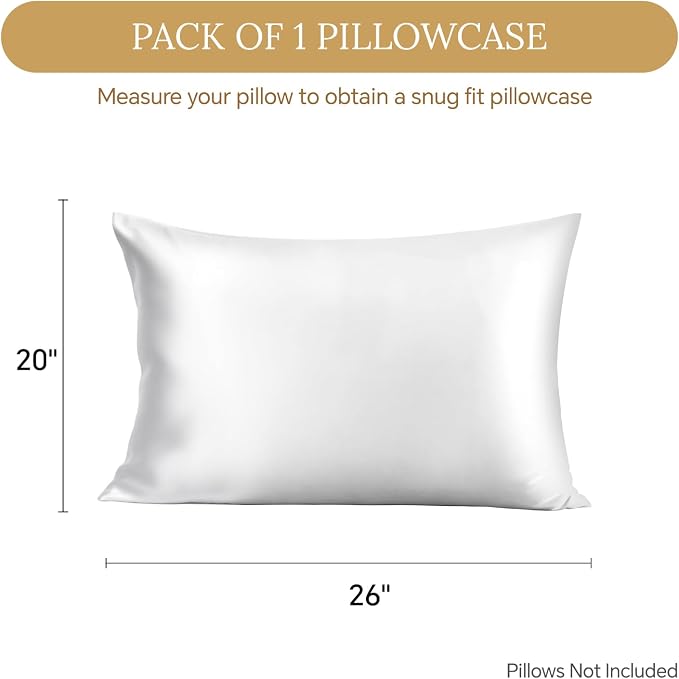 INFIIXSO Mulberry Silk Pillowcase for Hair and Skin, Silk Pillow Cases Standard Size with Hidden Zipper 20x26 Inches, Extraordinary Smooth and Soft Cooling Pillow Cases for Hot Sleepers(White, 1 Pack)