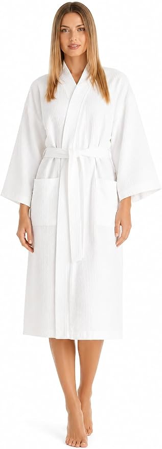 C&A COLLECTION Bath RObe waffle knit 100% cotton Light weight one size fits most Unisex for Spa,hotel and bath, White