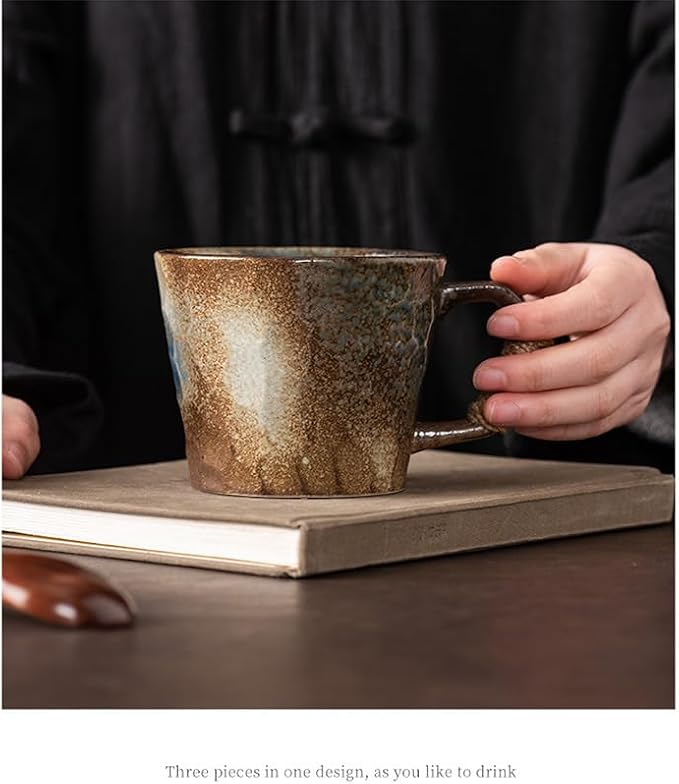 12oz retro Japanese pottery tea cup, handmade tea cup with comfy handle, retro ceramic mug with handle, lead-free reactive glaze, perfect for office & home (Beige)