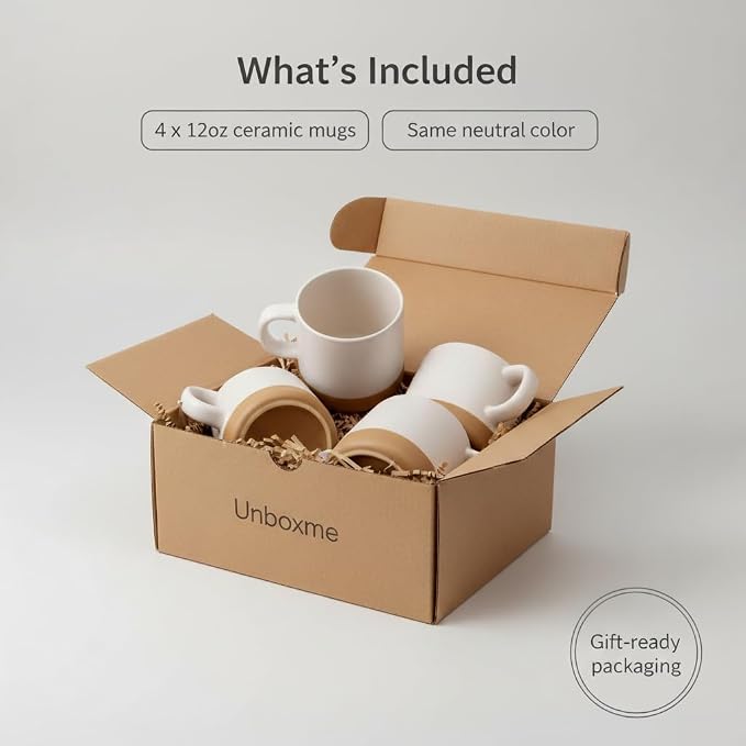 Unboxme Givenne Ceramic Latte Coffee Mug Set, 12 oz (Set of 4) – Microwave & Dishwasher Safe, Large Handles, Modern Boho Neutral Colors